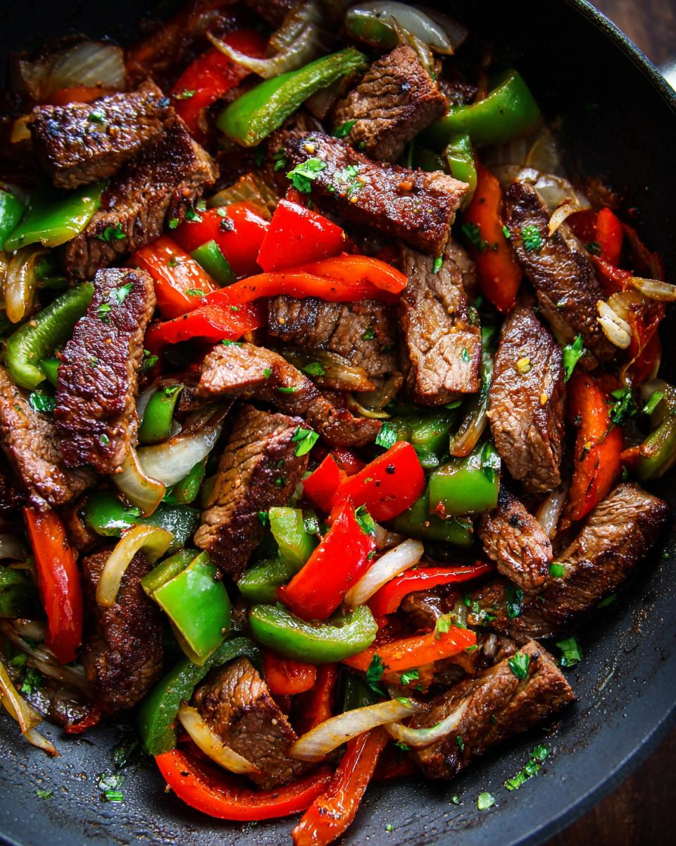 Close-up overhead shot of sizzling steak fajitas with strips of seasoned beef, red and green bell peppers, and onions in a dark skillet.