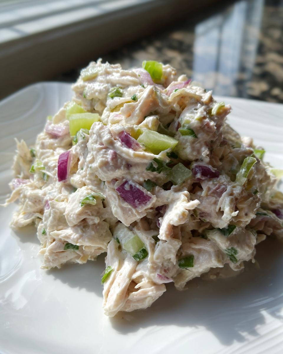 A close-up of a mound of creamy cottage cheese chicken salad mixed with red onion and celery on a white plate.
