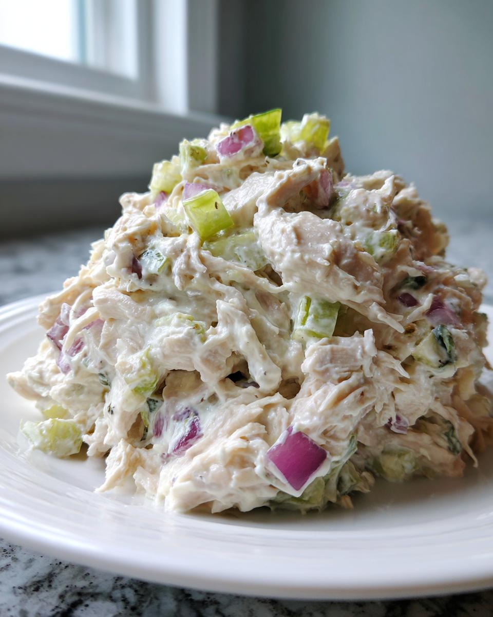 A mound of creamy cottage cheese chicken salad mixed with diced red onion and celery served on a white plate.
