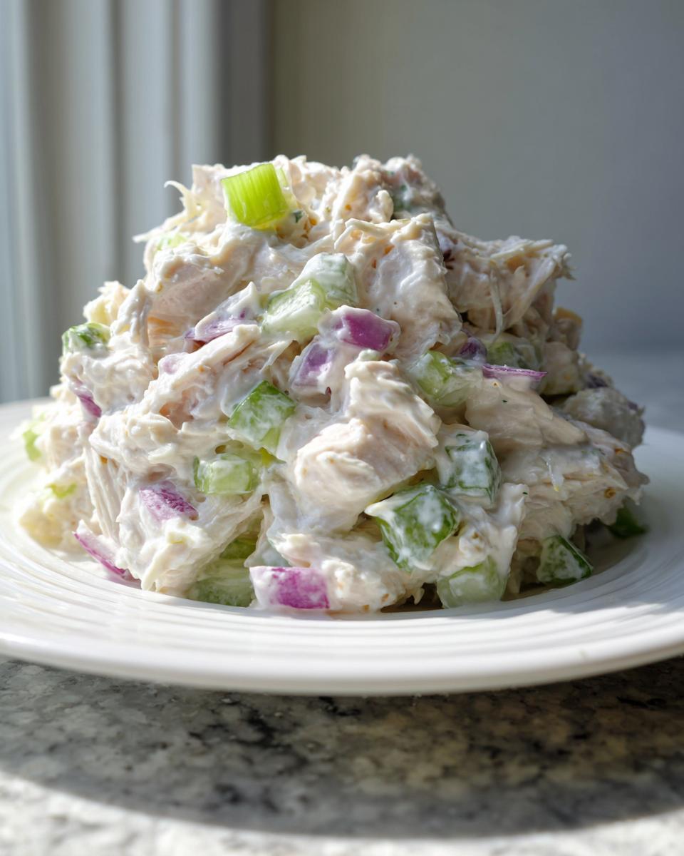 A mound of creamy cottage cheese chicken salad featuring shredded chicken, diced celery, and red onion on a white plate.