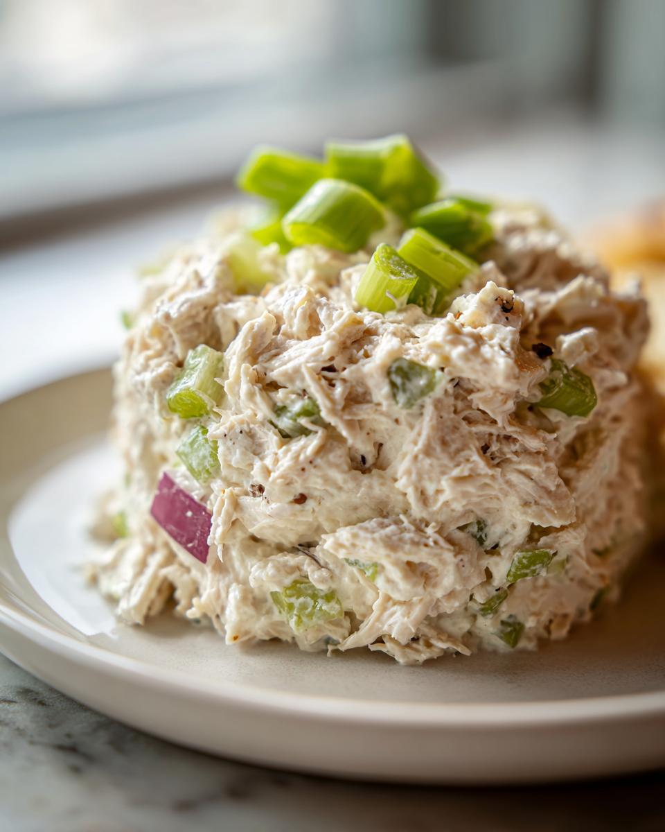 Close-up of a mound of creamy cottage cheese chicken salad mixed with celery and topped with chopped green onions.