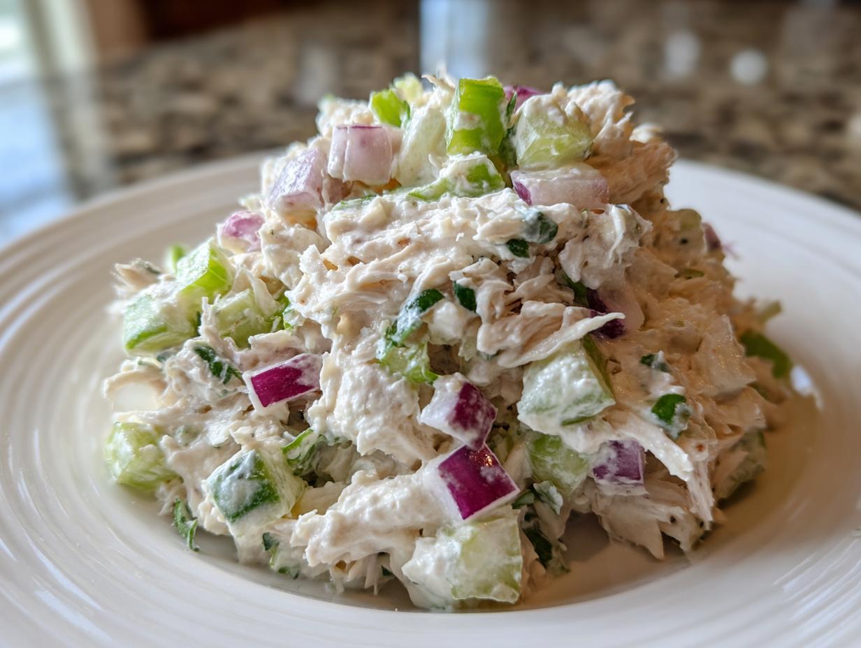 A mound of creamy cottage cheese chicken salad featuring shredded chicken, diced celery, and red onion served on a white plate.