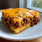 A close-up slice of cowboy cornbread casserole featuring a layer of seasoned ground beef and corn topped with melted cheddar cheese.