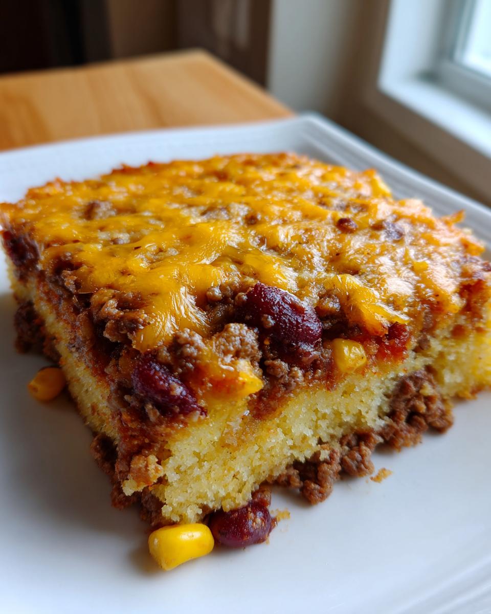 A square slice of cowboy cornbread casserole topped with melted cheddar cheese, ground beef, and kidney beans.