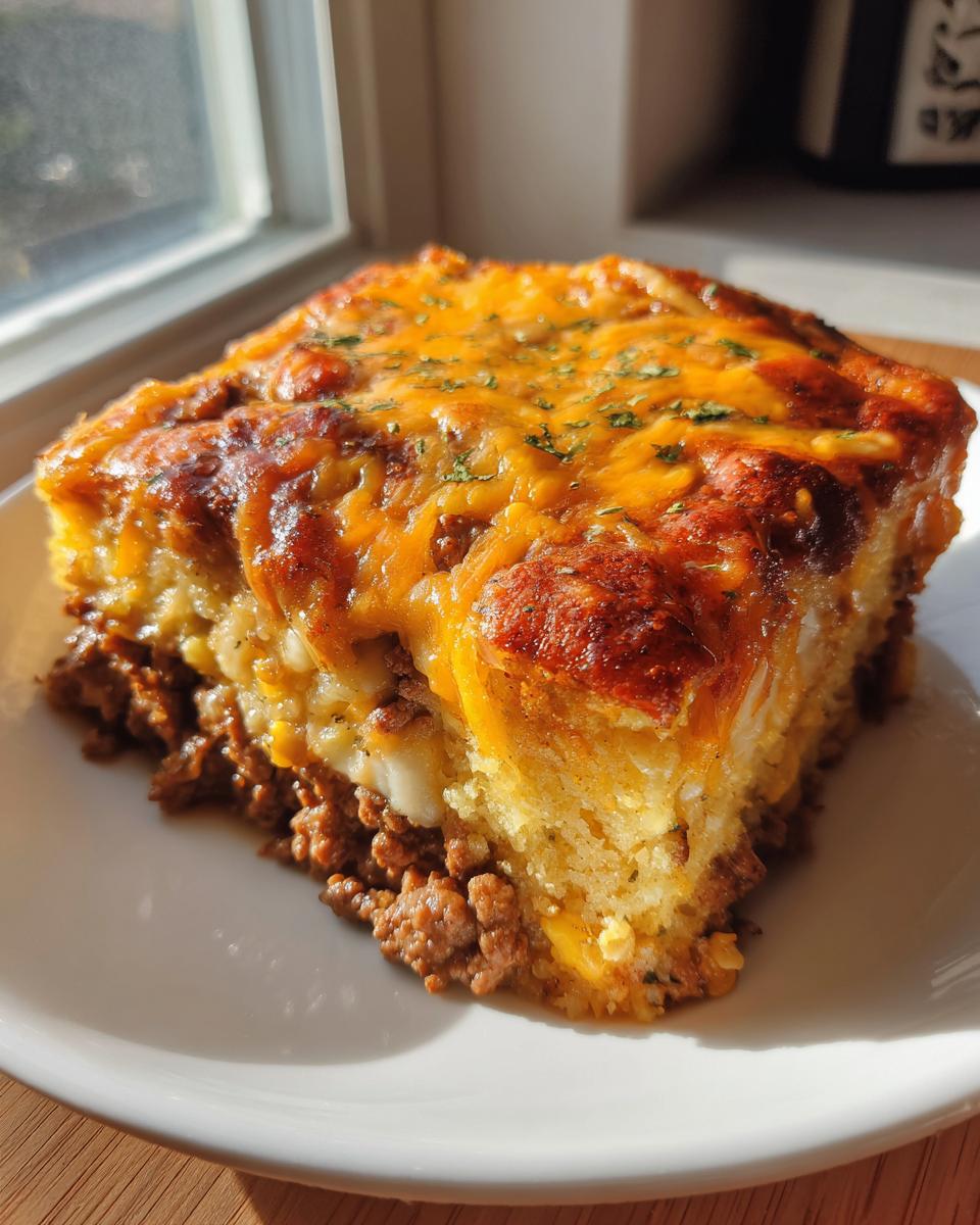 A square slice of cowboy cornbread casserole featuring a layer of ground meat, cornbread, and melted cheddar cheese on top.