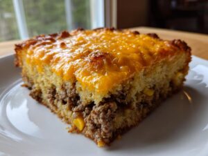 A square slice of cowboy cornbread casserole featuring a layer of seasoned ground meat and corn topped with melted cheddar cheese.
