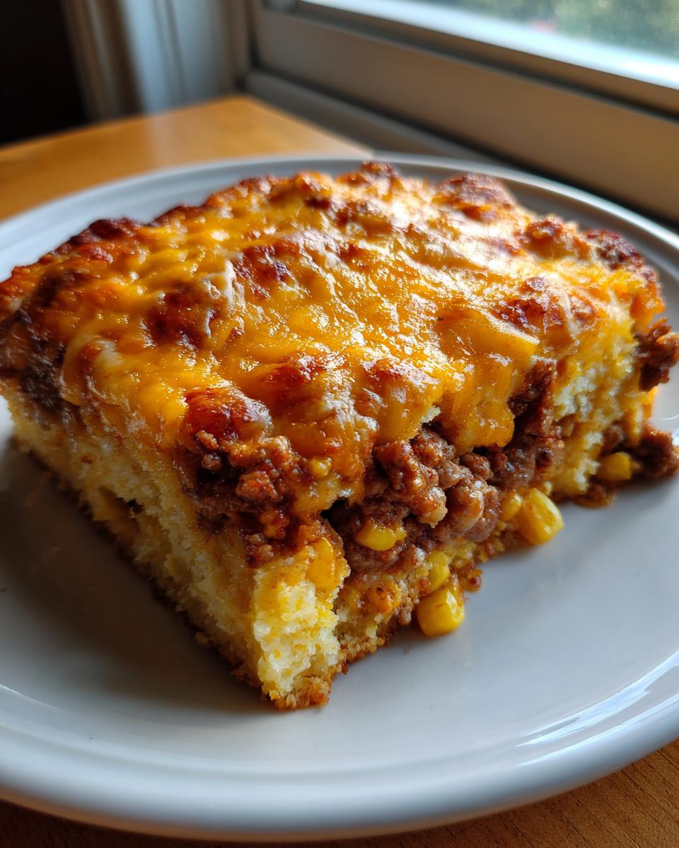 A hearty slice of cowboy cornbread casserole topped with browned, melted cheddar cheese and ground meat mixture.