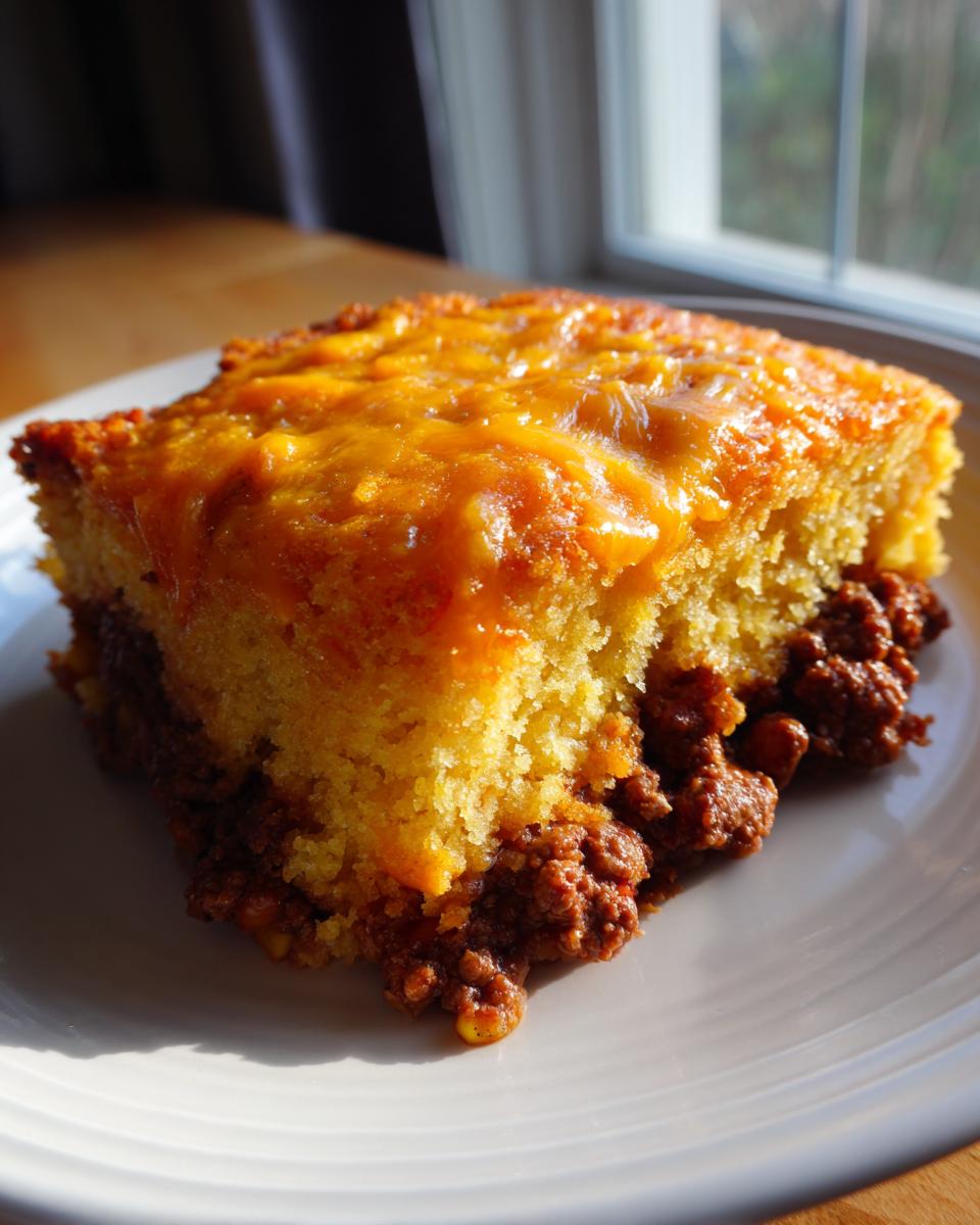 A close-up slice of cowboy cornbread casserole showing a thick layer of golden cornbread topped with melted cheddar cheese over a hearty meat filling.