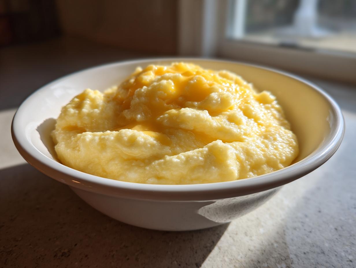 A close-up of a white bowl filled with creamy, yellow cheese grits topped with melted cheese.