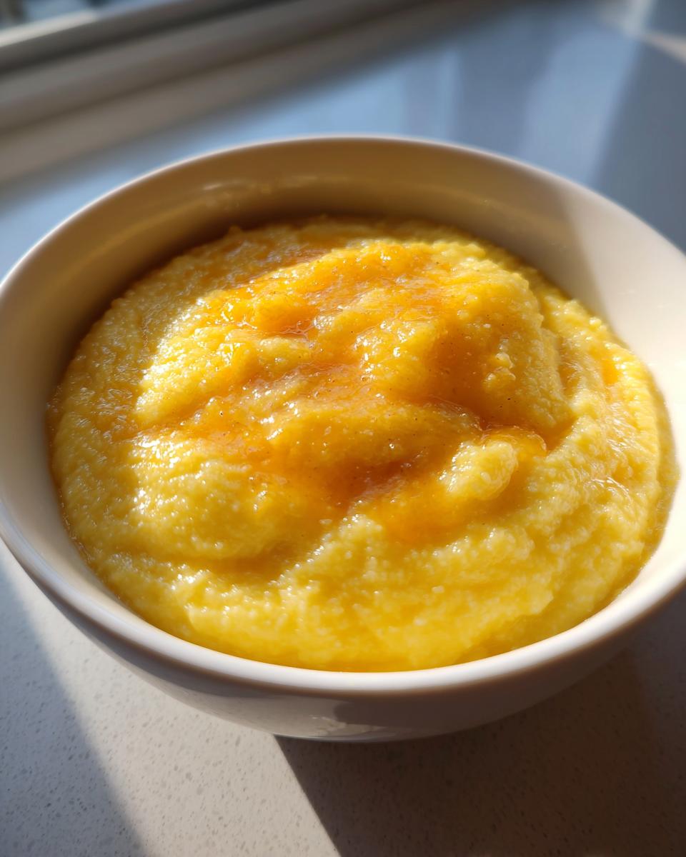 A close-up view of a white bowl filled with creamy, bright yellow cheese grits topped with melted butter or sauce.