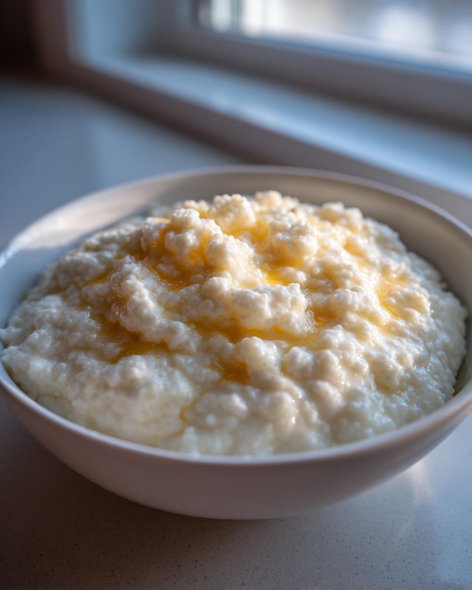A close-up of a white bowl filled with creamy, fluffy cheese grits topped with melted butter.