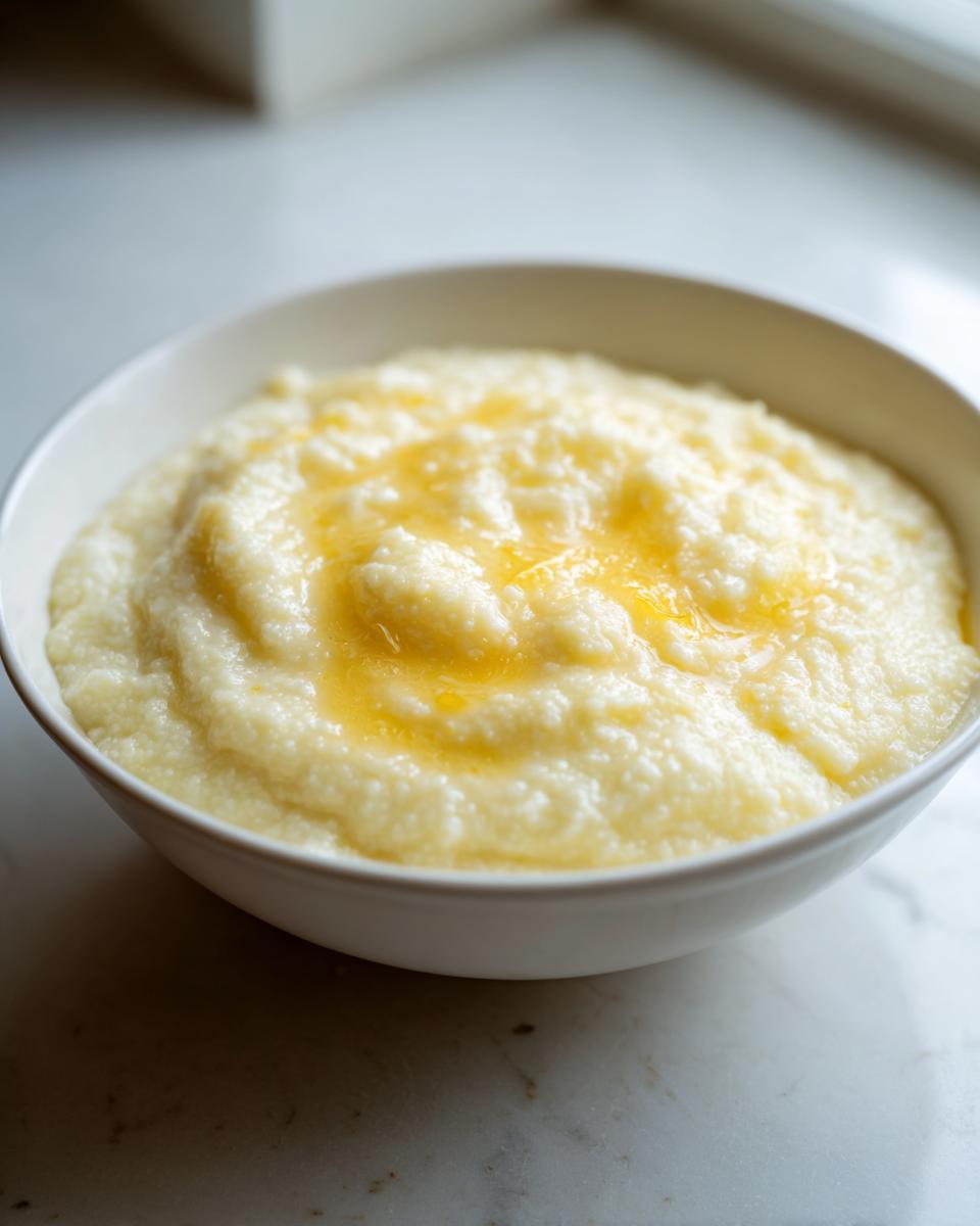 A white bowl filled with creamy, rich cheese grits topped with a pool of melted butter.