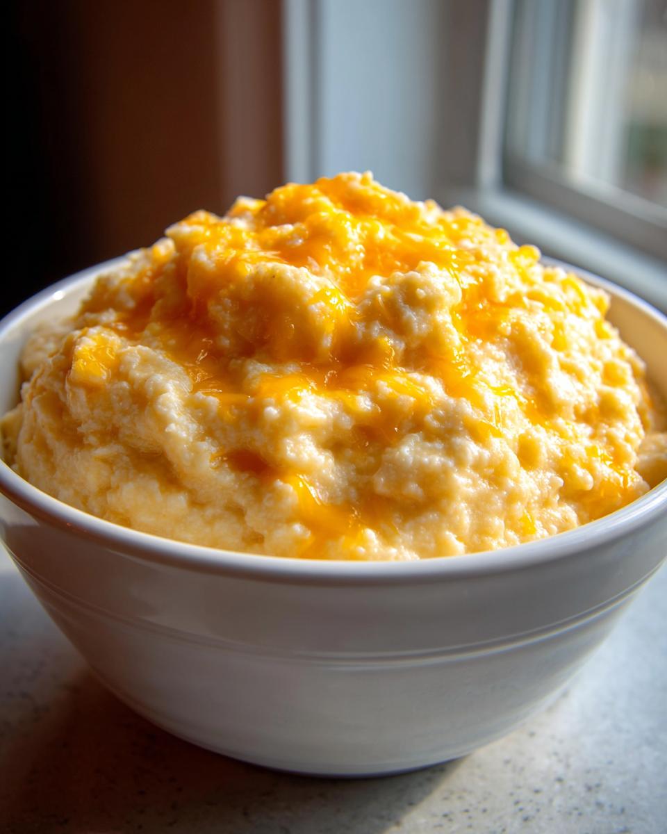 A close-up of a white bowl filled with creamy, fluffy cheese grits topped with melted orange cheddar cheese.