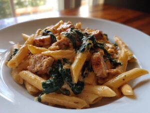 Close-up of creamy chicken sausage pasta featuring penne, sliced sausage, and wilted spinach in a white bowl.
