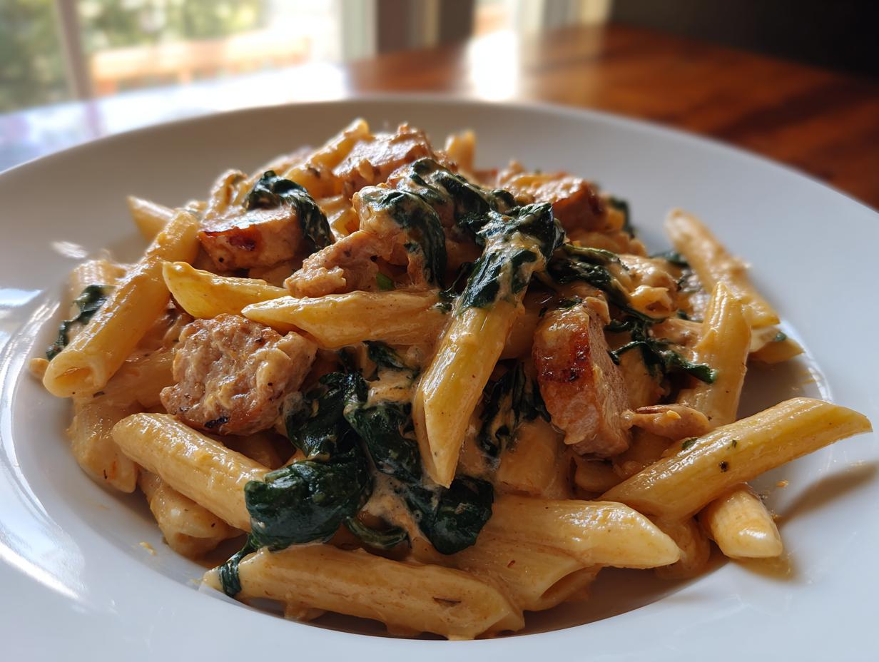 Close-up of creamy chicken sausage pasta featuring penne, sliced sausage, and wilted spinach in a white bowl.