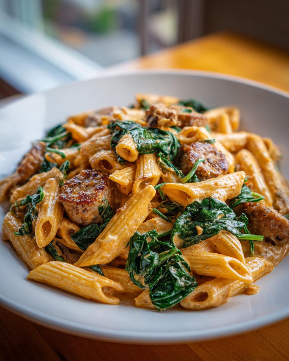Close-up of creamy chicken sausage pasta featuring penne, browned sausage slices, and wilted spinach in a white bowl.