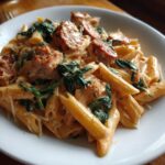 A close-up of creamy chicken sausage pasta featuring penne, sliced sausage, and wilted spinach in a rich sauce.