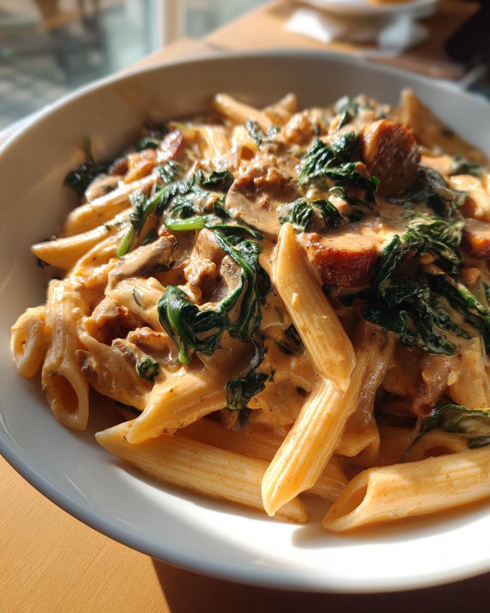 Close-up of creamy chicken sausage pasta with spinach and mushrooms in a white bowl.