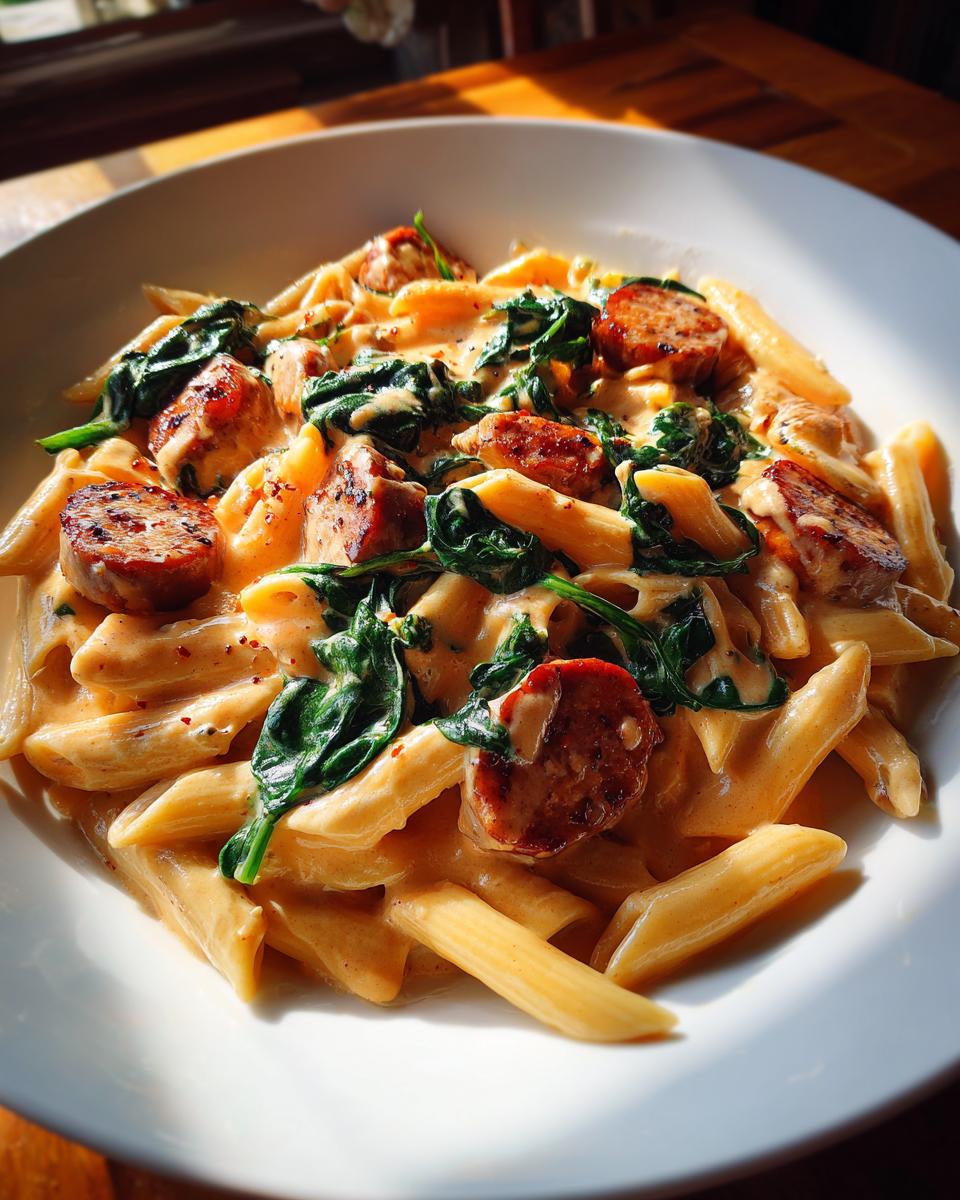 Close-up of creamy chicken sausage pasta featuring penne, sliced sausage, and wilted spinach in a white bowl.