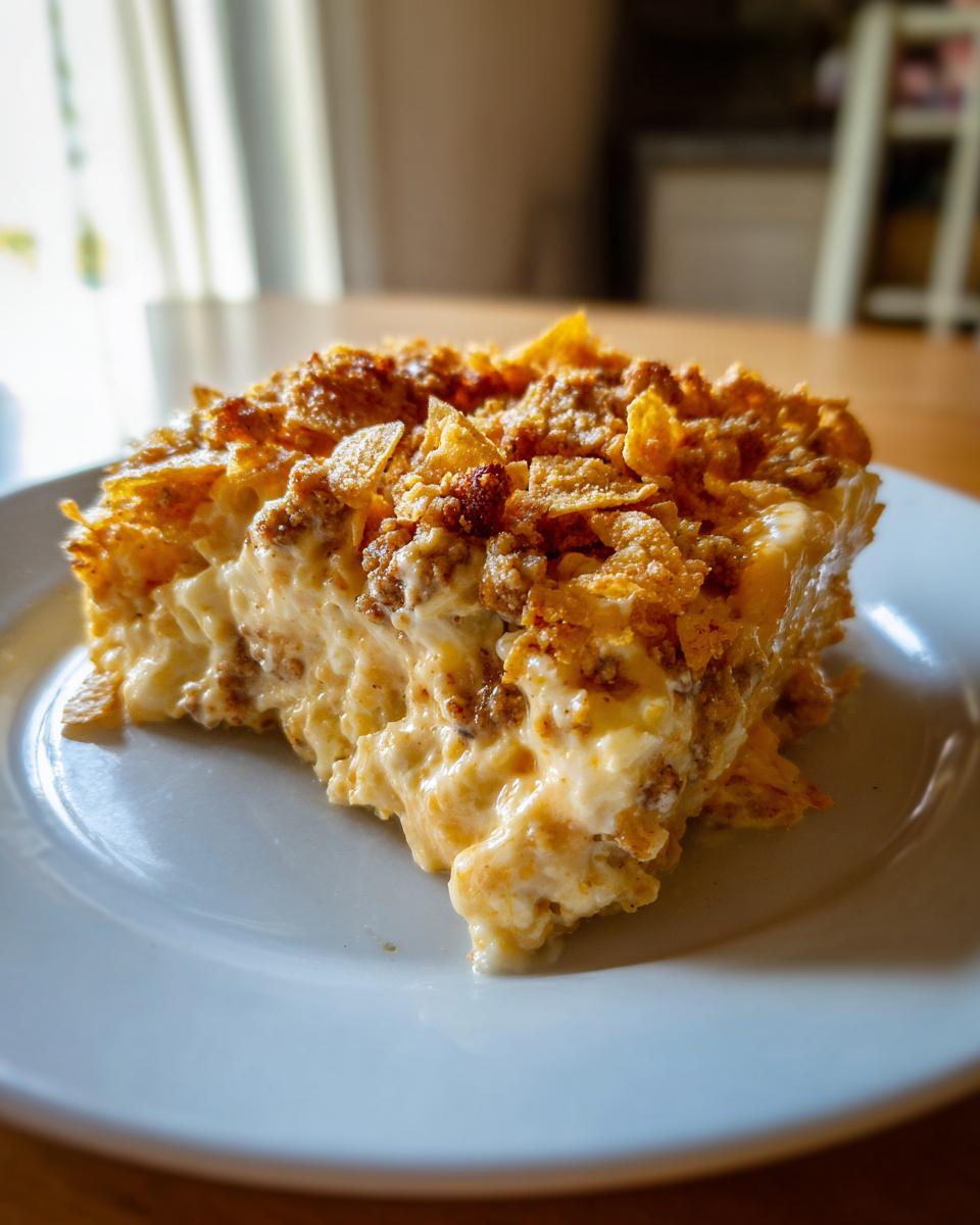 A generous slice of creamy Dorito Casserole topped with crushed, crunchy chips, served on a white plate.