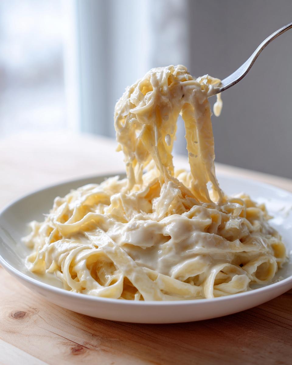 A fork lifting fettuccine noodles coated in rich homemade alfredo sauce from a white bowl.