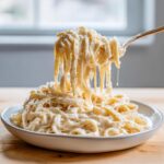 A fork lifting a large portion of fettuccine coated in rich homemade alfredo sauce, dripping cheese.