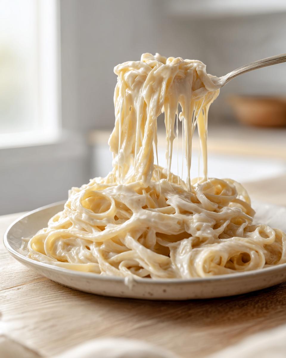 A fork lifts fettuccine noodles coated heavily in creamy homemade alfredo sauce, showing rich texture.