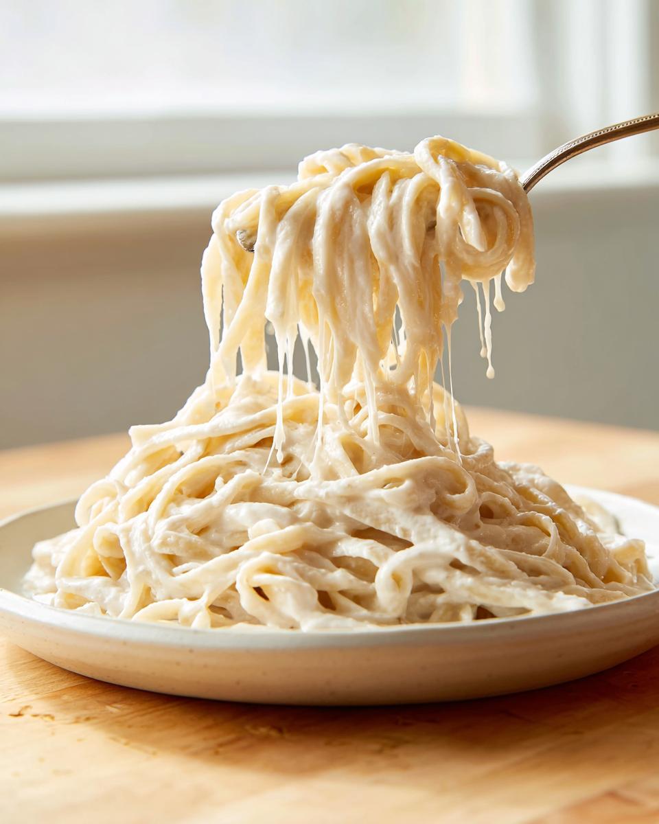 A fork lifts a generous portion of fettuccine noodles heavily coated in rich homemade alfredo sauce, showing creamy drips.