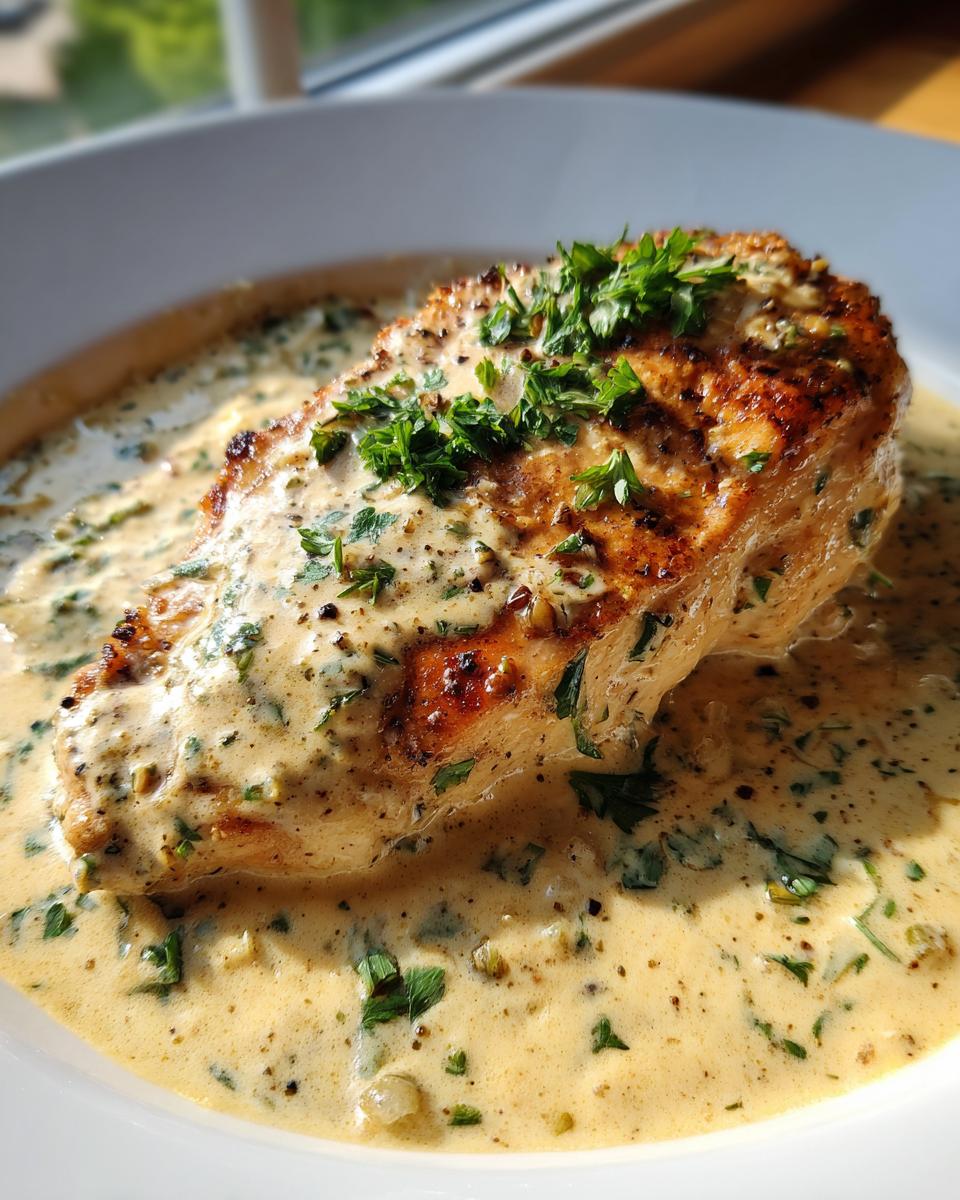 A beautifully seared chicken breast smothered in rich, creamy lemon sauce and topped with fresh parsley.