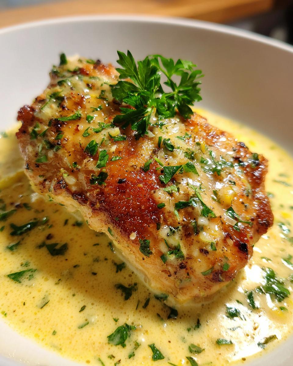 A perfectly seared piece of creamy lemon chicken resting in a rich, yellow sauce and garnished with fresh parsley.