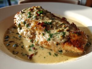 A close-up of a seared chicken breast smothered in a rich, creamy lemon sauce and garnished with parsley.
