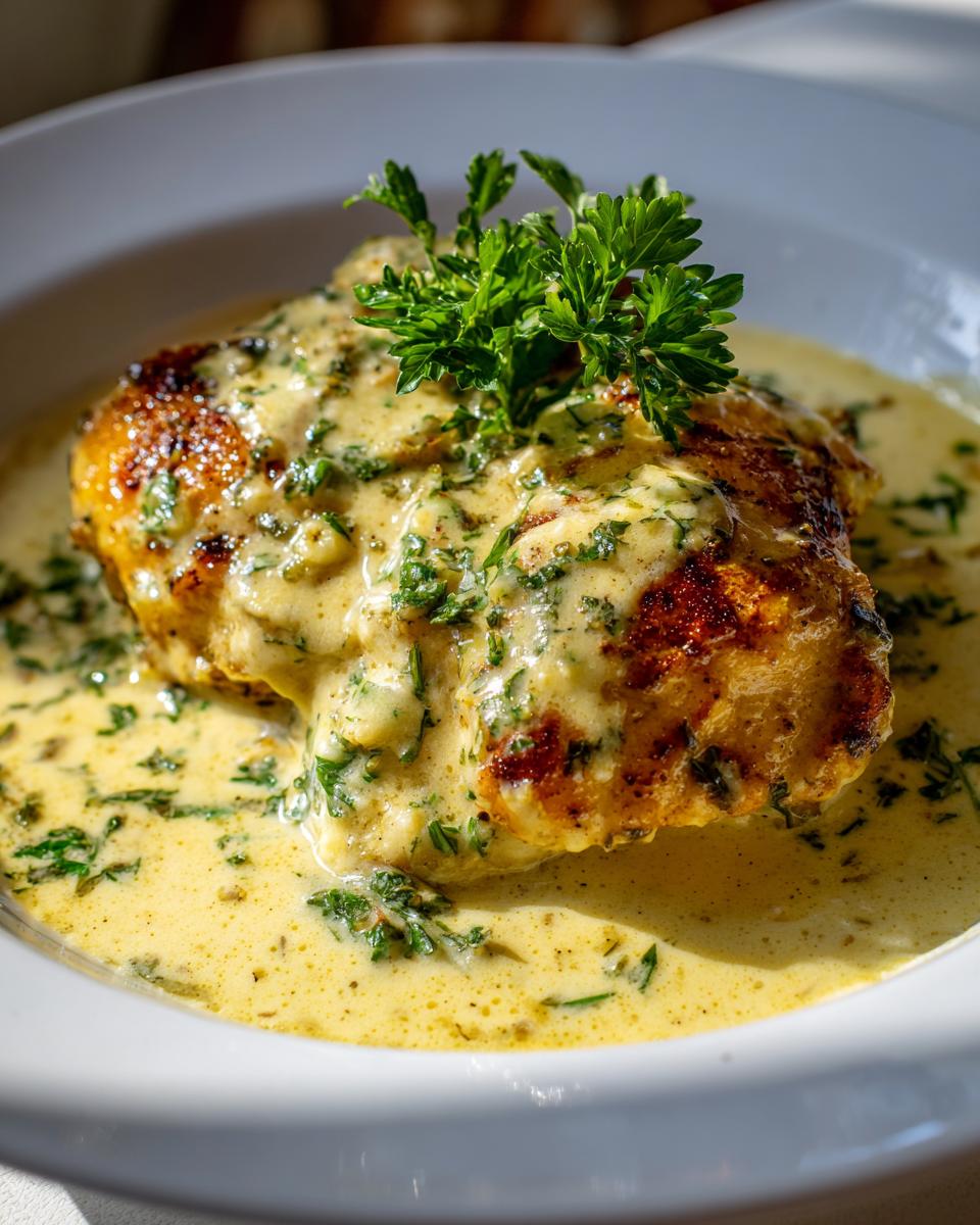 Close-up of a perfectly seared chicken breast smothered in a rich, creamy lemon chicken sauce, garnished with fresh parsley.