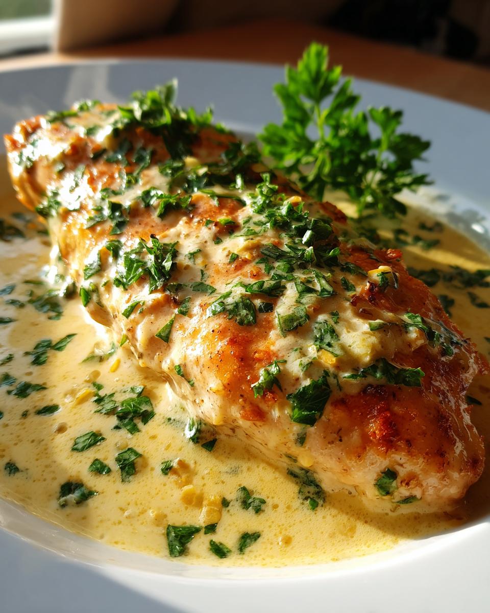 A close-up of perfectly seared creamy lemon chicken breast smothered in rich lemon cream sauce and topped with fresh parsley.