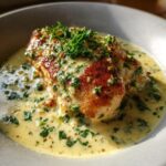 A close-up of a seared chicken breast covered in rich, creamy lemon chicken sauce and fresh parsley.