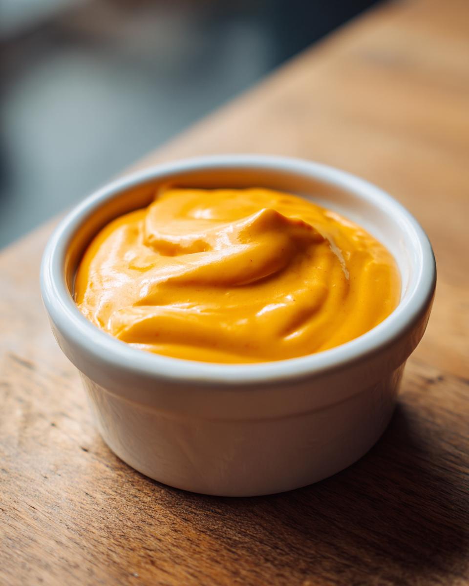 A small white ramekin filled with thick, bright orange homemade nacho cheese sauce, resting on a wooden surface.