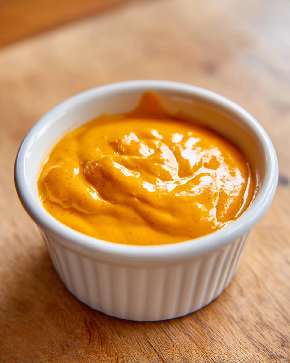 A close-up of creamy, vibrant orange homemade nacho cheese sauce served in a small white fluted ramekin on a wooden surface.