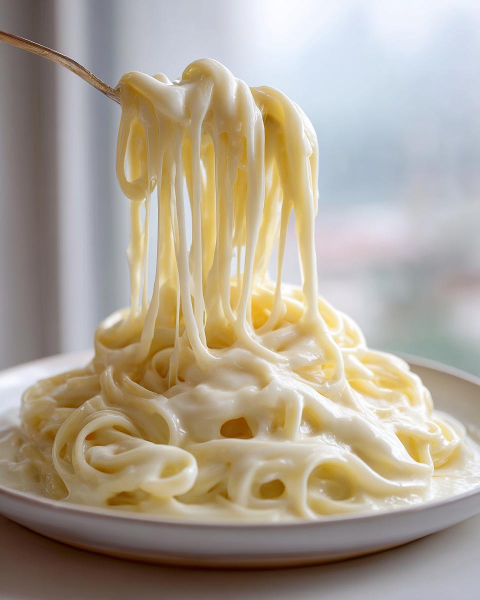 Close-up of spaghetti being lifted from a plate, heavily coated in thick, creamy Olive Garden Alfredo sauce.