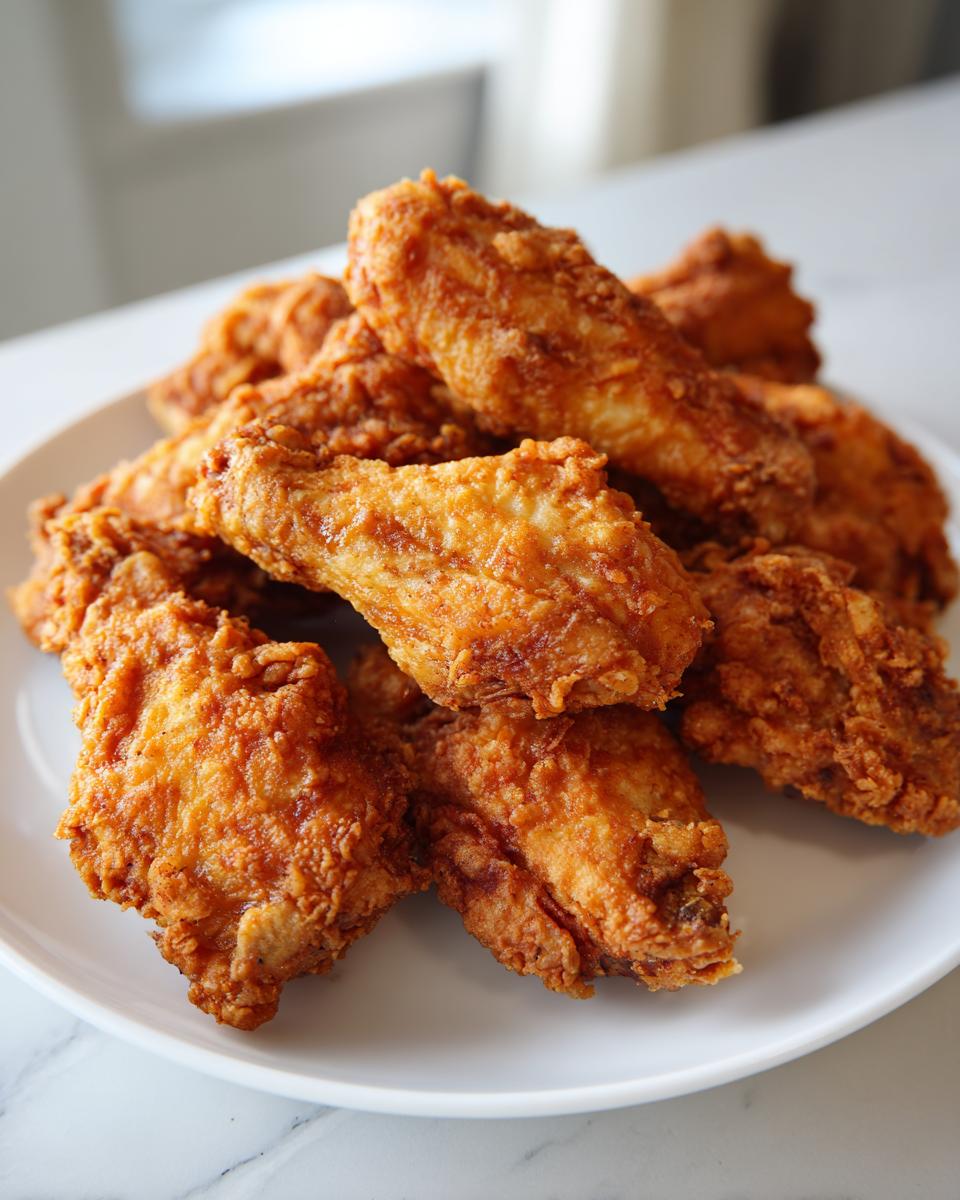 A close-up of a pile of golden brown, crispy air fryer chicken wings served on a white plate.