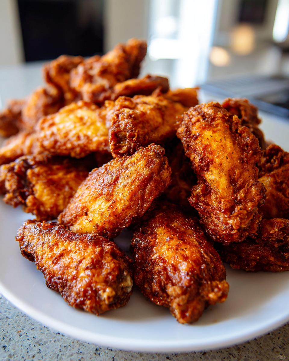 Close-up of a large pile of golden brown, crispy air fryer chicken wings seasoned with spices.