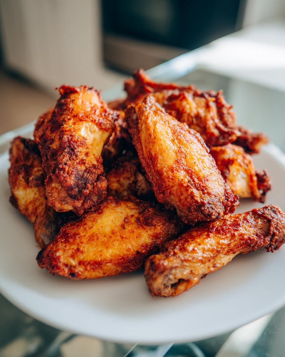 A pile of golden brown, crispy air fryer chicken wings stacked on a white plate.