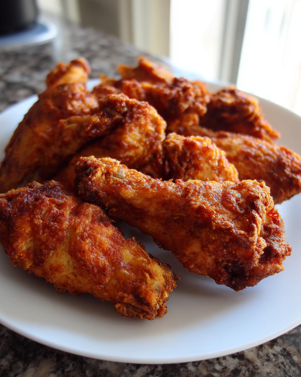 A pile of golden brown, crispy air fryer chicken wings served on a white plate.