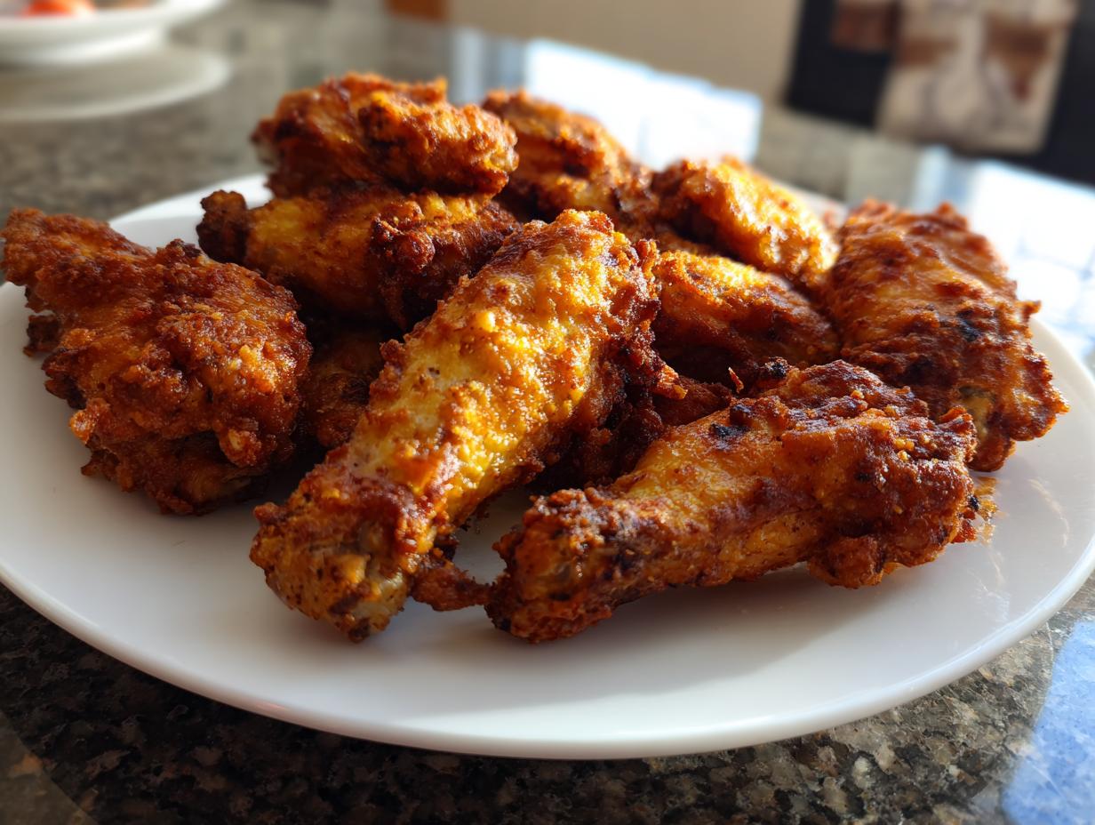 A pile of golden brown, crispy air fryer chicken wings served on a white plate.