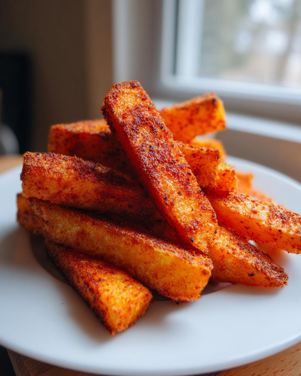 A close-up shot of perfectly seasoned and crispy air fryer potato wedges stacked on a white plate.