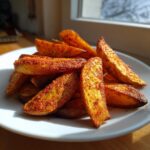 A pile of perfectly seasoned and crispy air fryer potato wedges catching the sunlight on a white plate.