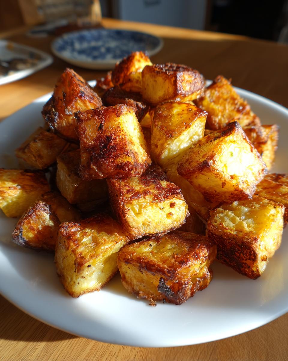 A close-up of golden brown, crispy breakfast potatoes piled high on a white plate, catching the sunlight.