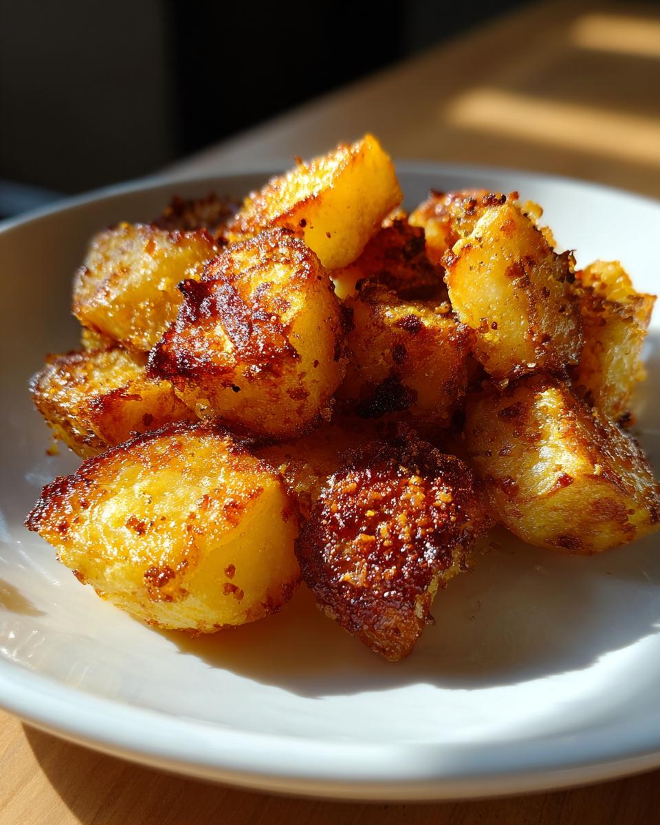 Close-up of golden brown, crispy breakfast potatoes seasoned and piled on a white plate.