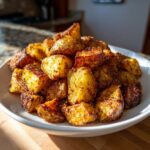 A white bowl heaped high with golden brown, crispy breakfast potatoes seasoned with herbs.