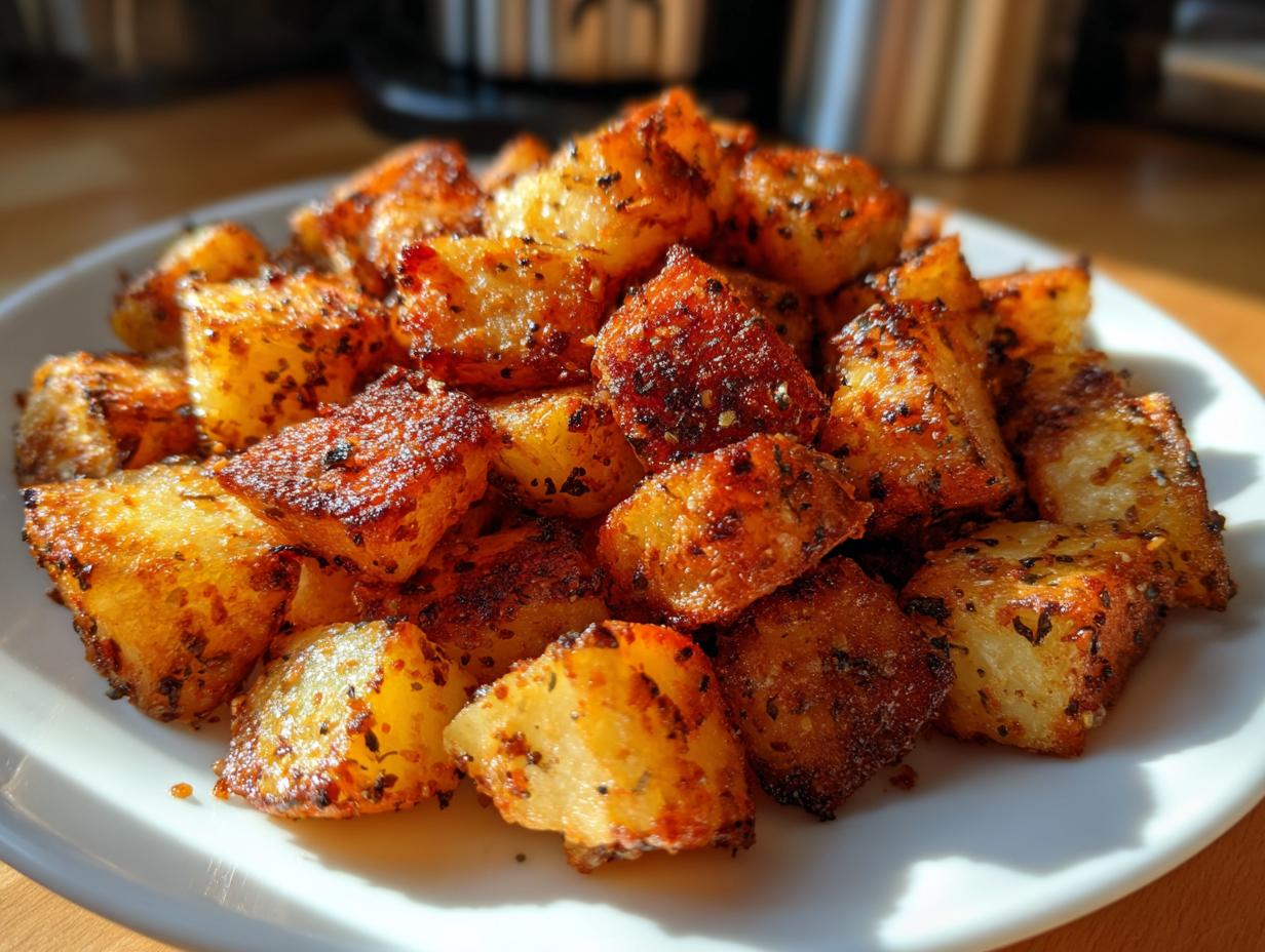 Close-up of perfectly crispy, golden-brown seasoned breakfast potatoes piled on a white plate.