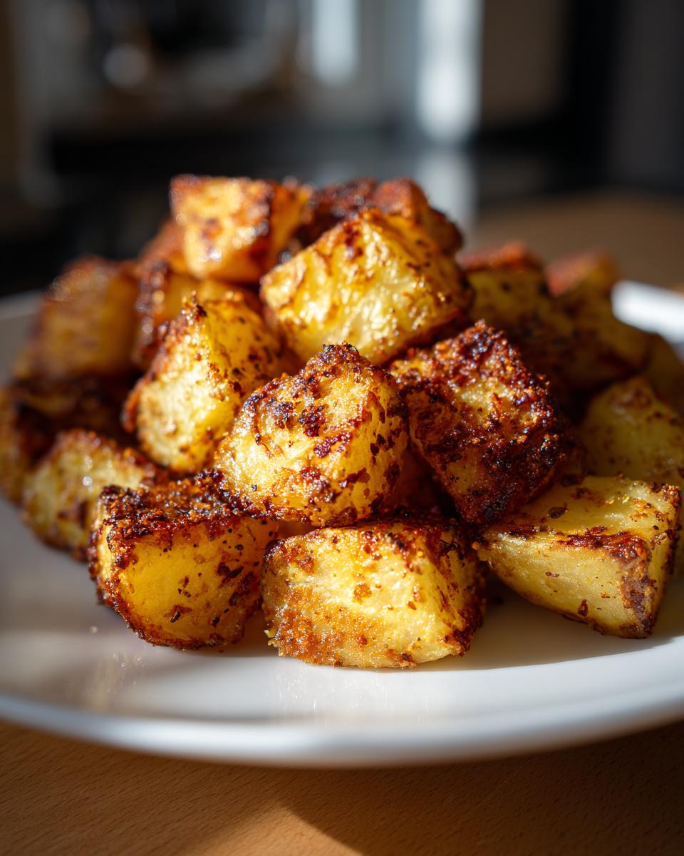 A close-up of perfectly crispy, golden brown seasoned breakfast potatoes piled high on a white plate.
