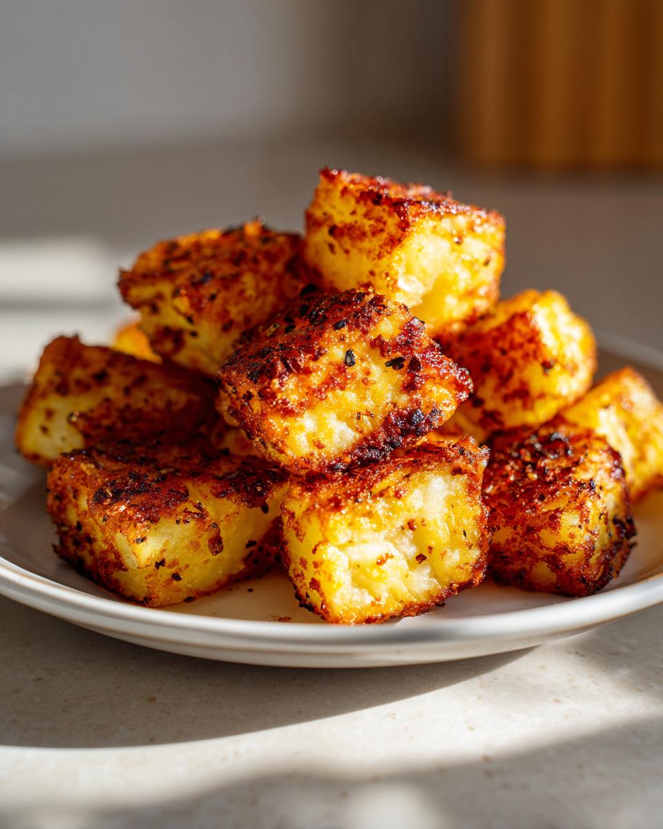 A close-up of perfectly crispy, golden-brown seasoned breakfast potatoes stacked on a white plate.